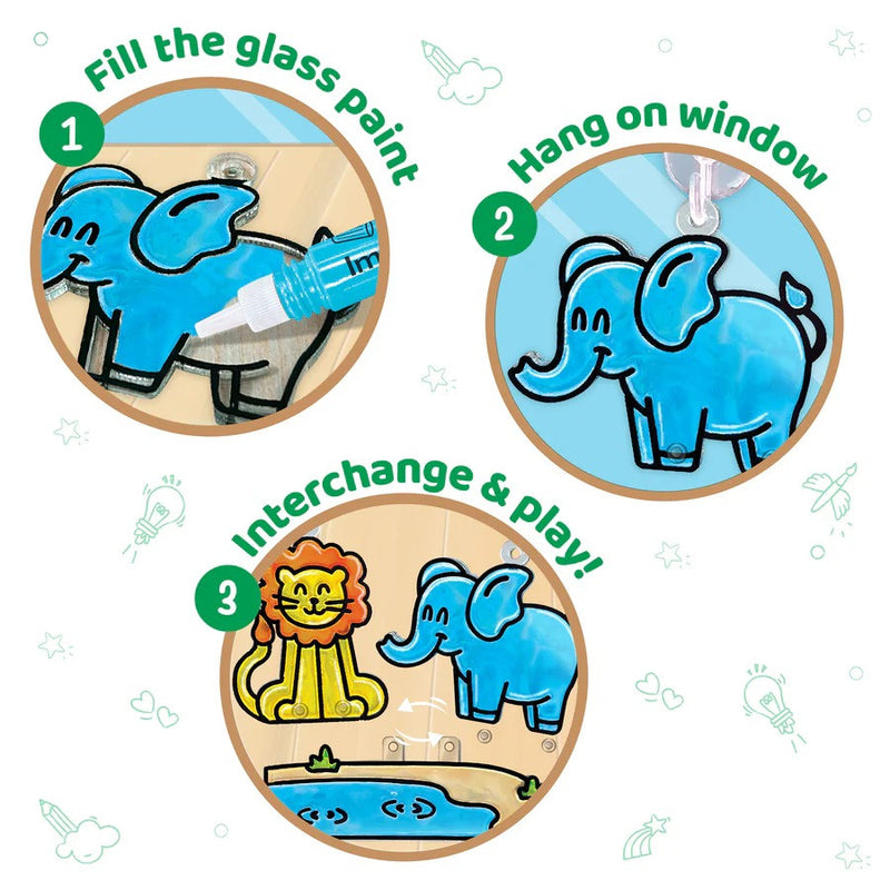 Instructions for using a children's window cling with an elephant design, featuring steps to fill, hang, and interchange.