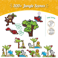 Jungle-themed playset with animals and trees on a yellow background