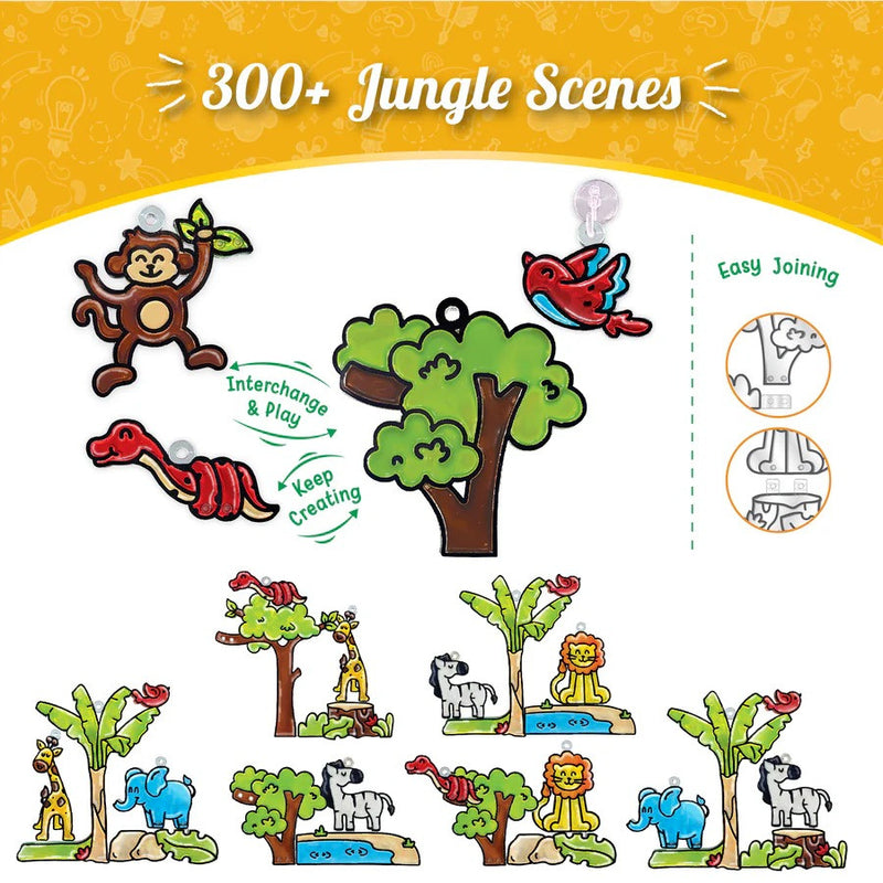 Jungle-themed playset with animals and trees on a yellow background