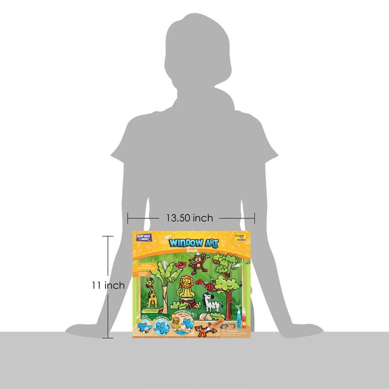 Window art kit packaging with dimensions shown against a silhouette of a person
