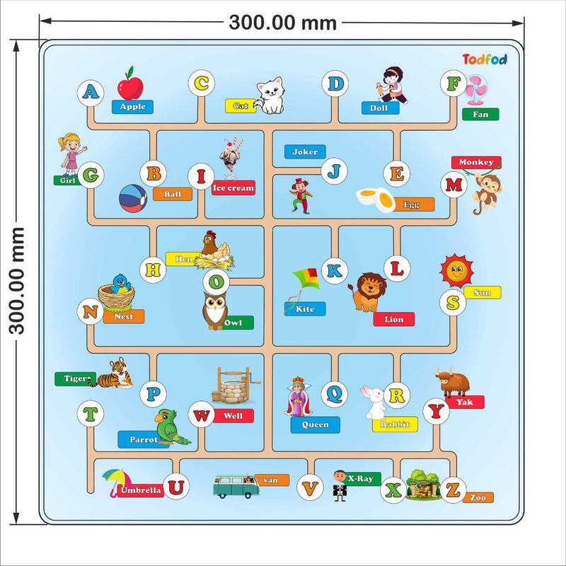 Educational alphabet mat with letters and illustrations for children, featuring Todfod brand.