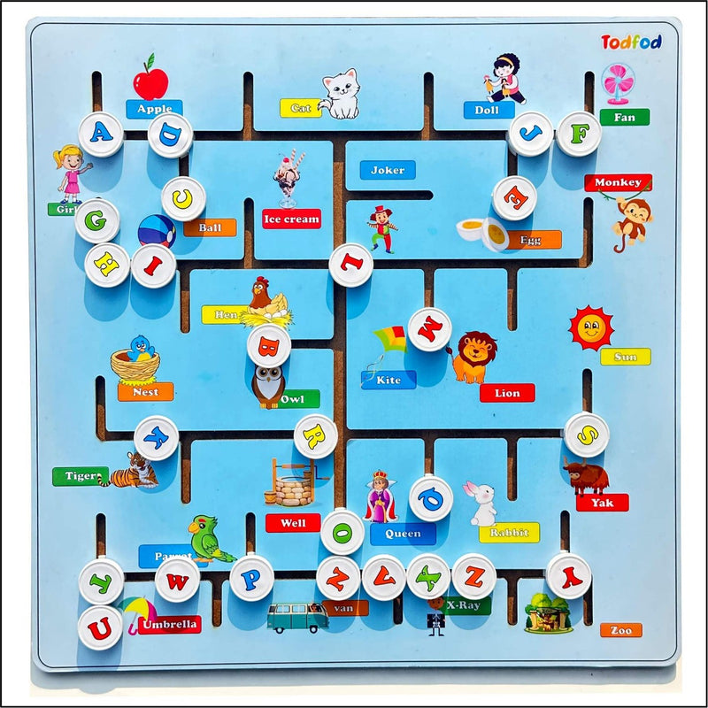 Children's educational board game with letters and animals on a blue background
