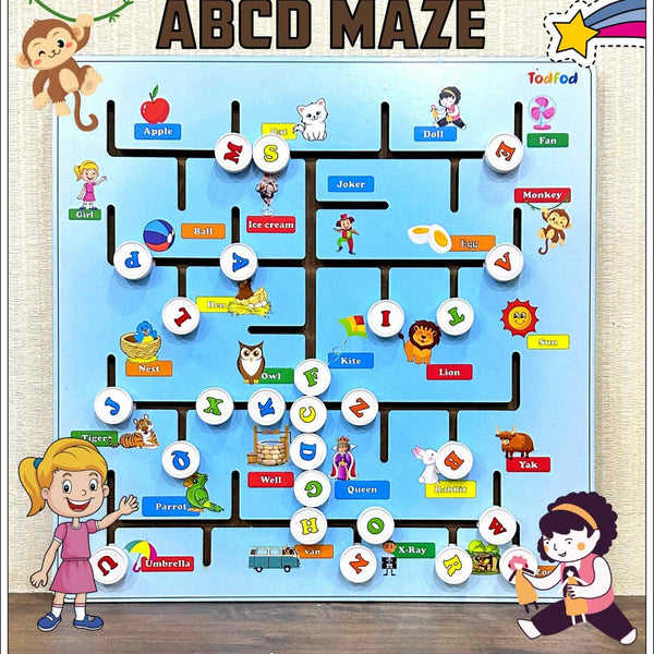 Todfod ABCD Wooden Sliding Maze Learning Toy for Kids Age 3,8, |26Piece Educational Brain Game, Alphabet Number Animal Puzzle for Toddlers Children