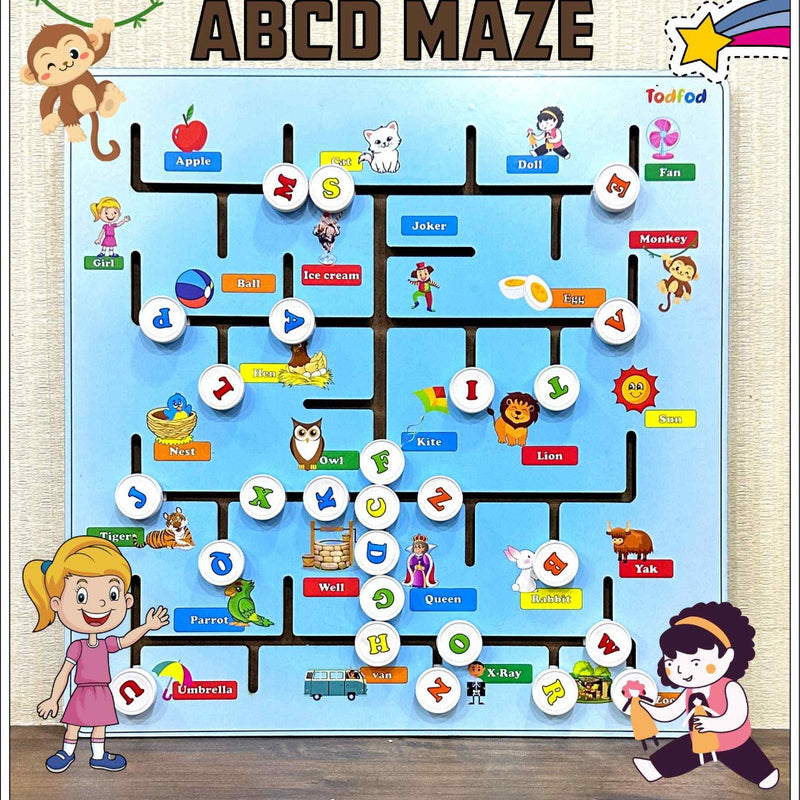 Todfod ABCD Wooden Sliding Maze Learning Toy for Kids Age 3,8, |26Piece Educational Brain Game, Alphabet Number Animal Puzzle for Toddlers Children