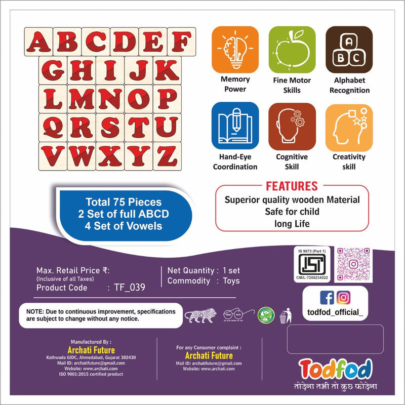 Product packaging for educational toys with ABC and vowels, featuring various skill icons and branding information.