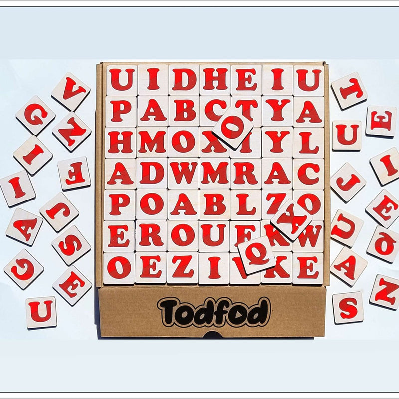Wooden letter blocks with red and white letters, featuring the brand 'Todfod'.