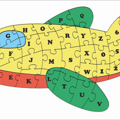 Fish-shaped puzzle with alphabet and numbers on a white background