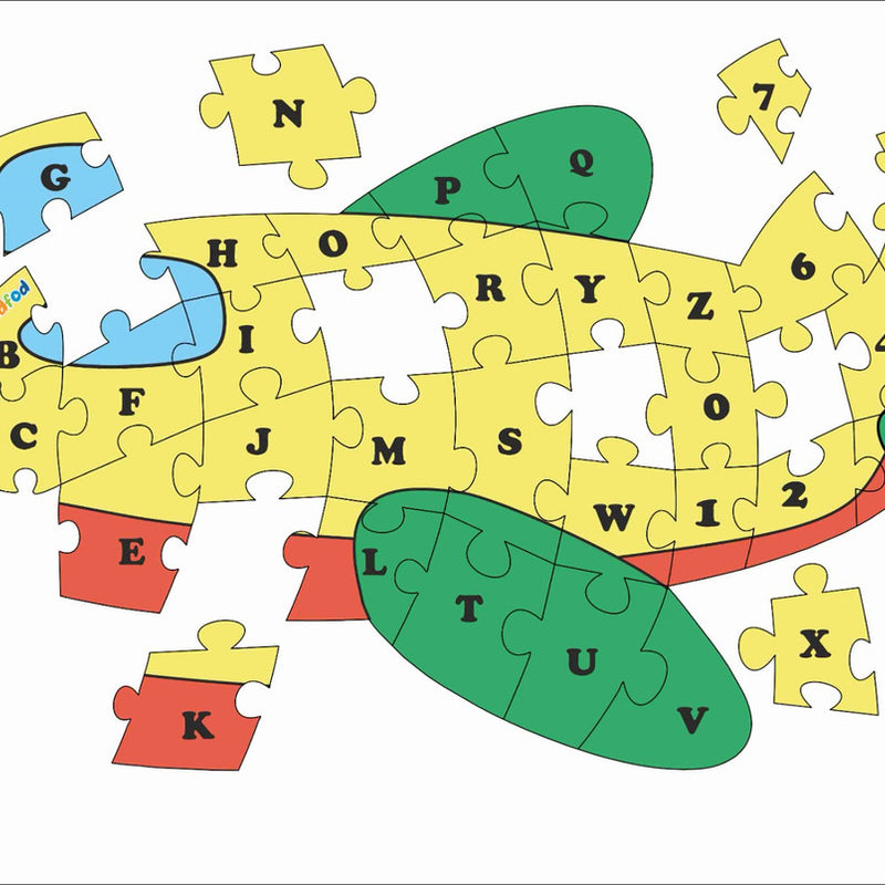 Children's puzzle with letters and numbers on a white background