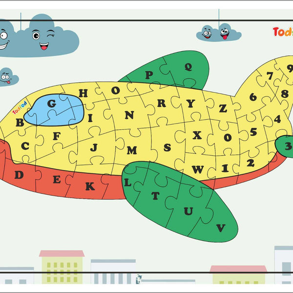 Children's puzzle with airplane design and letters and numbers, brand 'Todfod' visible