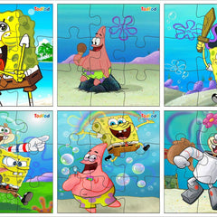 Set of six SpongeBob SquarePants puzzles with different characters on a blue background.
