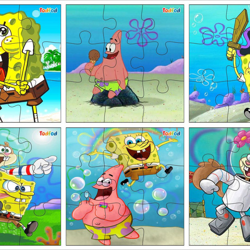 Set of six SpongeBob SquarePants puzzles with different characters on a blue background.