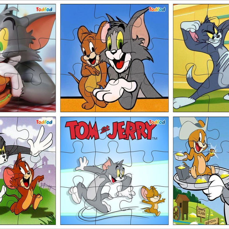 Set of Tom and Jerry puzzles with cartoon characters on each piece.