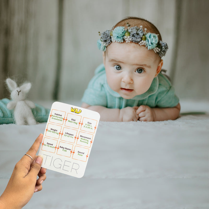 Baby lying on a bed with a floral headband, holding a card with 'TIGER' on it.