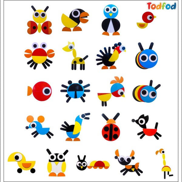 Set of colorful animal-shaped stickers with 'Todfod' branding on a white background.