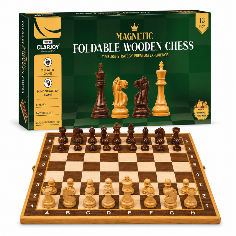 Magnetic Foldable Wooden Chess Set 13 Inch | Premium Wooden Chess Board with Magnetic Chess Pieces | Portable 2 Player Strategy Game for Kids & Adults