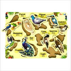 Children's educational puzzle with bird illustrations and labels on a yellow background