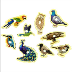Set of colorful bird-shaped stickers on a white background