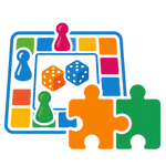 Colorful game pieces and board on a white background