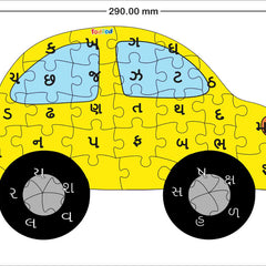 Car-shaped puzzle with English and Hindi letters on a white background