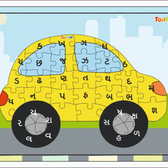 Car-shaped puzzle with letters on a cityscape background, brand 'Todfod' visible.