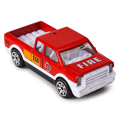 Red toy fire truck with white text on a white background
