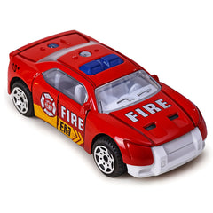 Red toy fire truck model on a white background