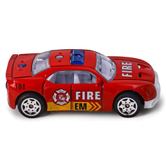 Red toy fire truck with emergency markings on a white background