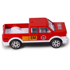 Red toy fire truck with white and black details on a white background