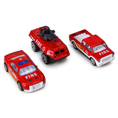 Three red toy fire trucks on a white background