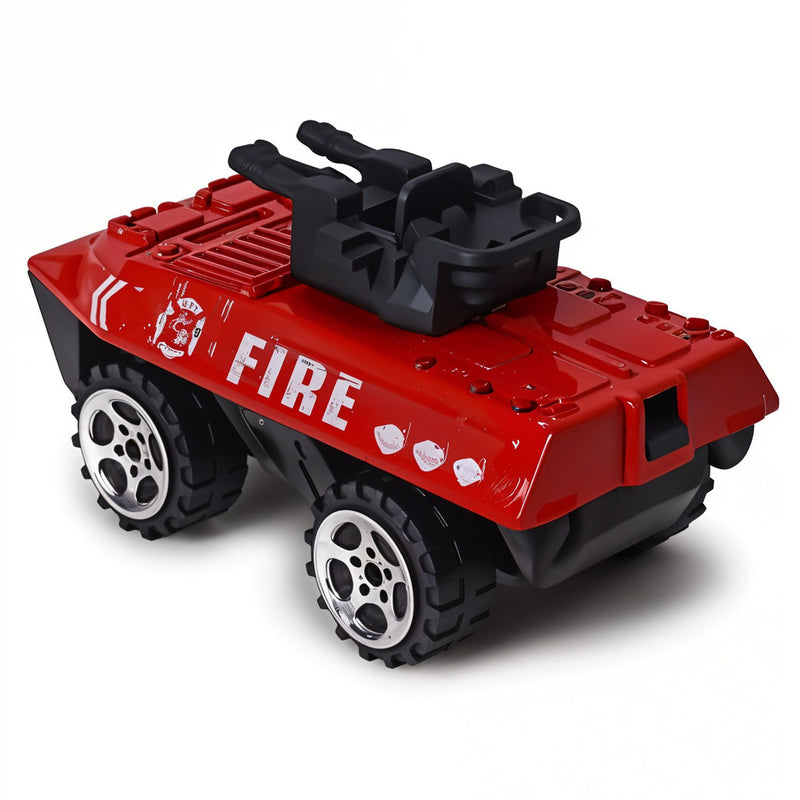 Red toy fire truck with black roof on a white background