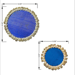 Measurement chart of round blue plates with gold and pearl border on a white background