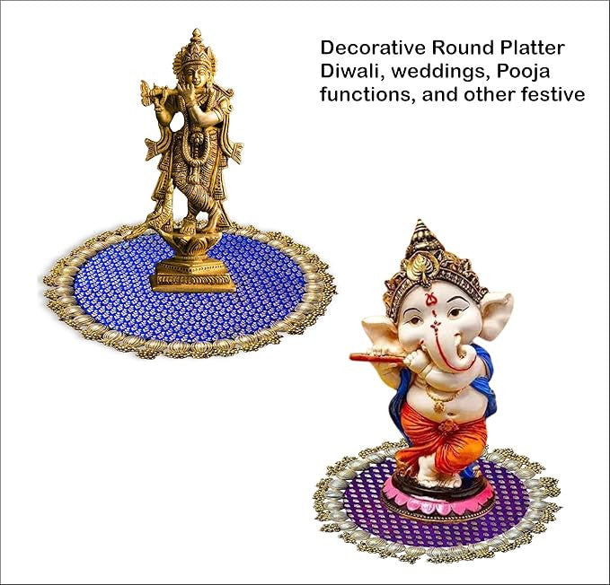 Decorative round platter with a statue on a white background