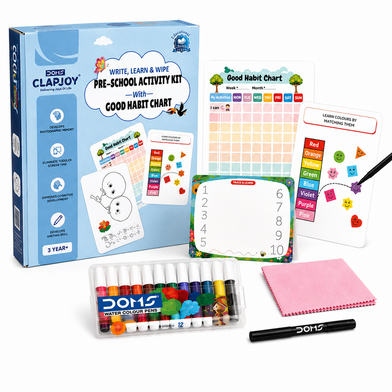 Pre-School Activity Kit for Kids 3+ Years | Write Learn & Wipe Tracing Board, Reusable Activity Cards, 12 Color Sketch Pens, Marker & Good Habit Chart