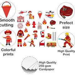 Illustrations of firefighting-themed items with text highlighting features on a white background.
