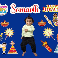 Child standing in front of a blue background with Diwali-themed decorations and text.