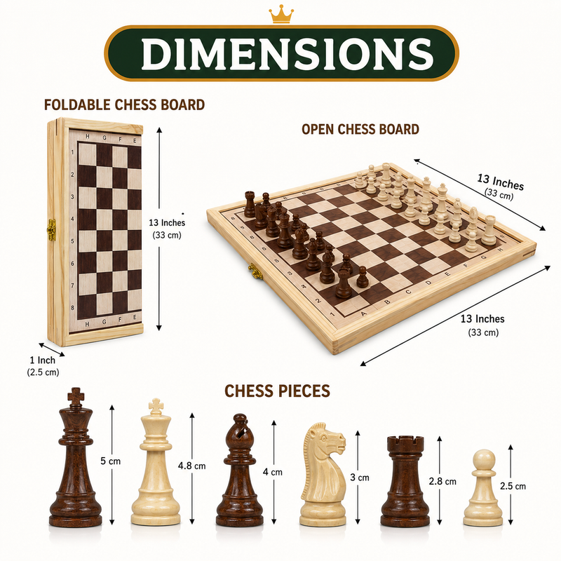 Magnetic Foldable Wooden Chess Set 13 Inch | Premium Wooden Chess Board with Magnetic Chess Pieces | Portable 2 Player Strategy Game for Kids & Adults