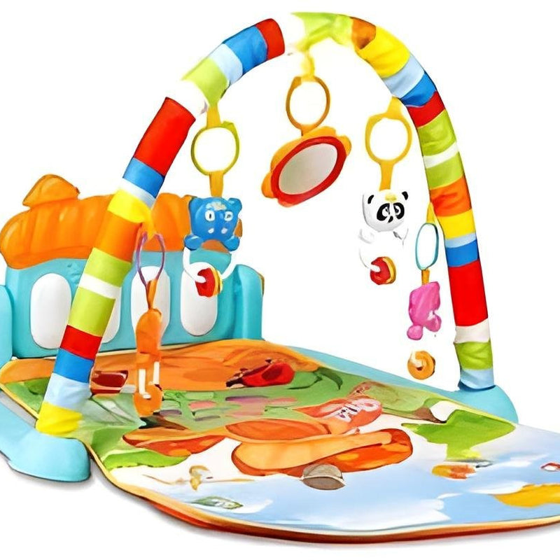 Colorful baby play gym with various hanging toys on a white background