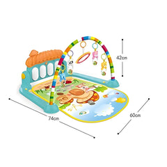 Baby play mat with colorful arch and toys, showing dimensions on a white background