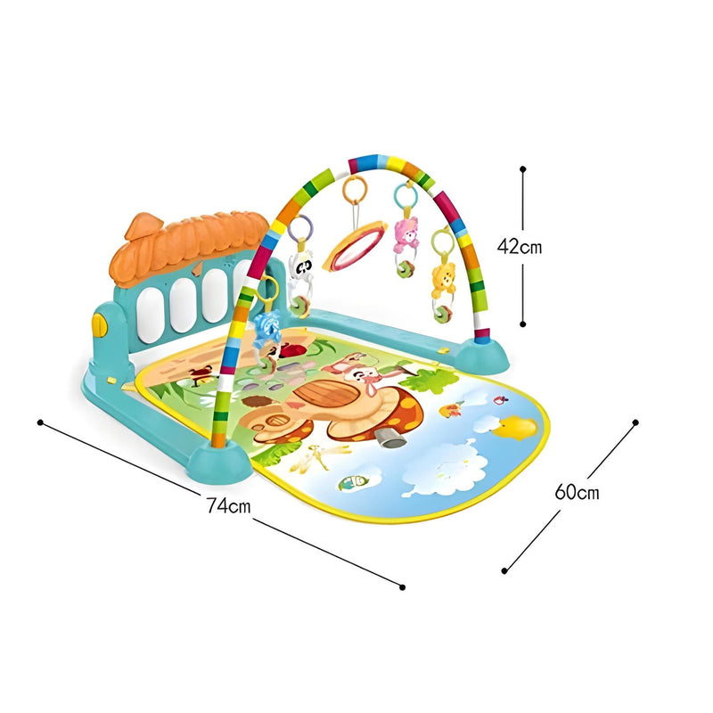 Baby play mat with colorful arch and toys, showing dimensions on a white background