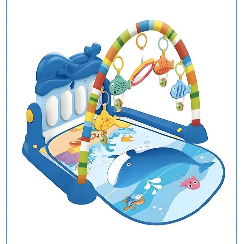 Baby play gym with colorful arch and toy attachments on a white background