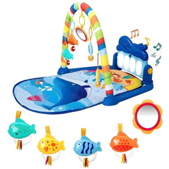 Colorful baby play gym with musical elements and hanging toys on a white background