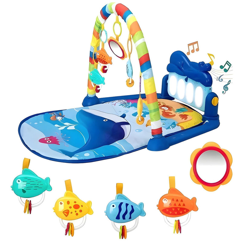 Colorful baby play gym with musical elements and hanging toys on a white background