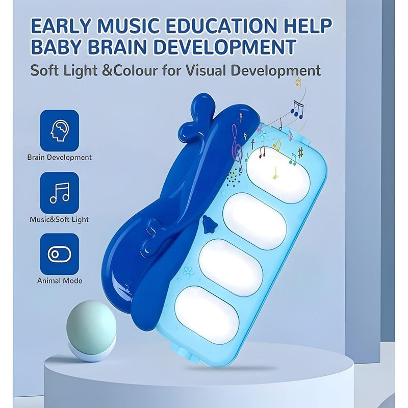 Blue educational toy with light display on a white background