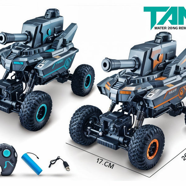 Two toy tanks with a remote control and battery on a white background, featuring the brand 'TANK'.
