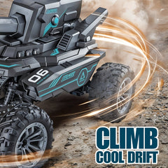 Toy vehicle with 'Climb Cool Drift' text on a textured background