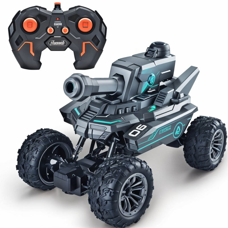 Toy remote control vehicle with large wheels and a cannon-like attachment on a white background