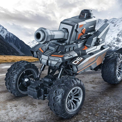Toy off-road vehicle with a cannon on a mountainous background