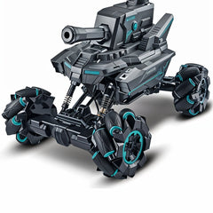 Toy robot with tank and vehicle design on a white background