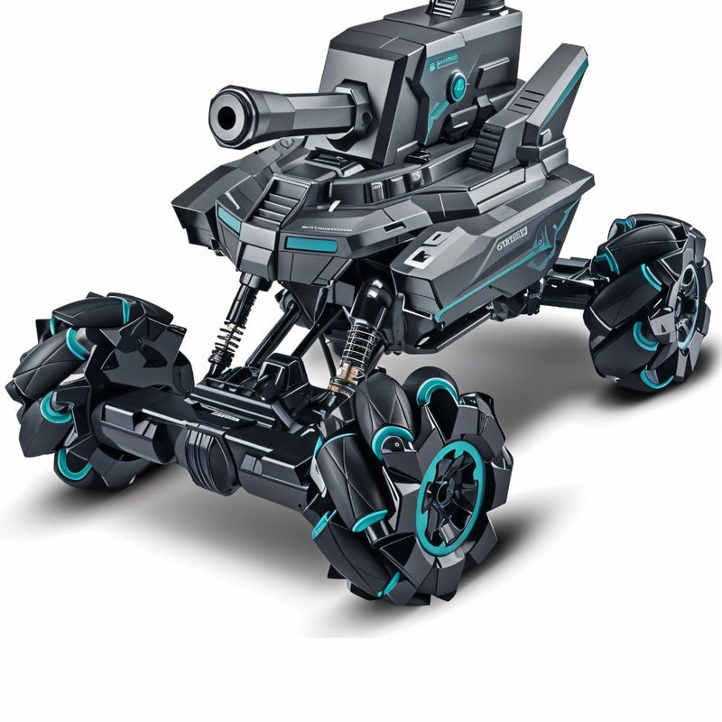 Toy robot with tank and vehicle design on a white background