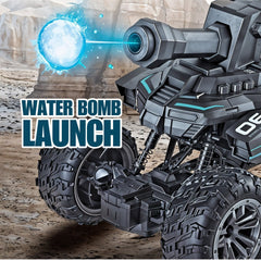 Toy vehicle with water bomb launch feature on a textured background
